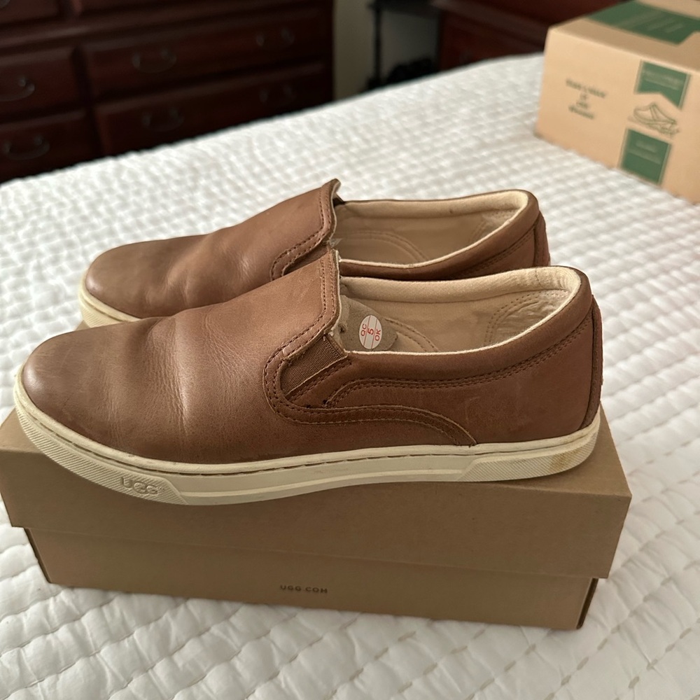 UGG Woman’s Tan Leather Slip-Ons - Picture 2 of 6